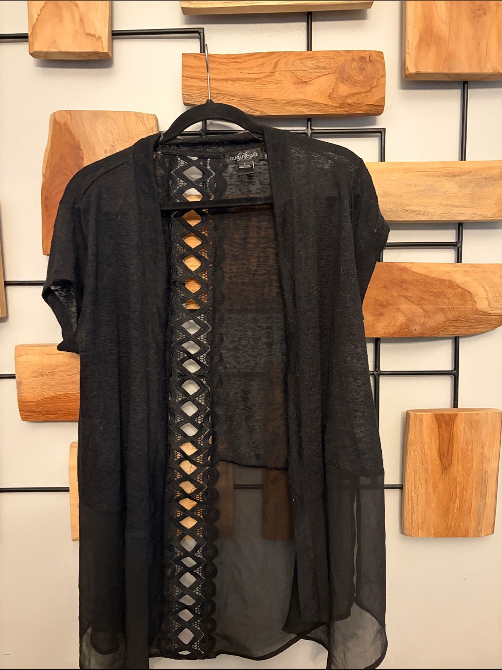 august silk Black Lace-Trim Open Front Short Sleeve Top